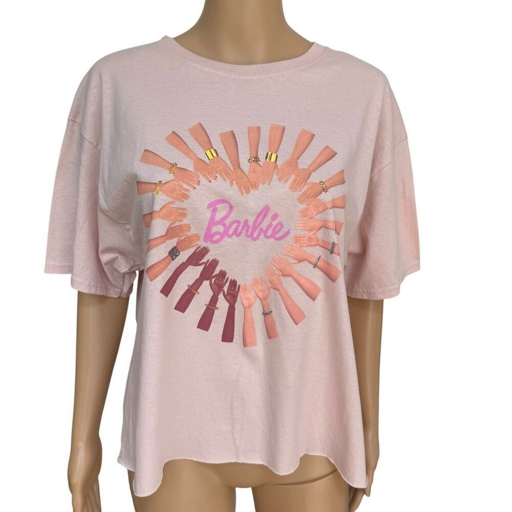 Barbie Pink Graphic T-Shirt Size Large Heart Hands Logo Short Sleeve Tee